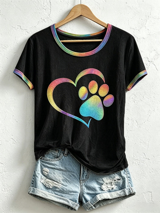 Damen-T-Shirt mit buntem Herz- und Pfotenmuster