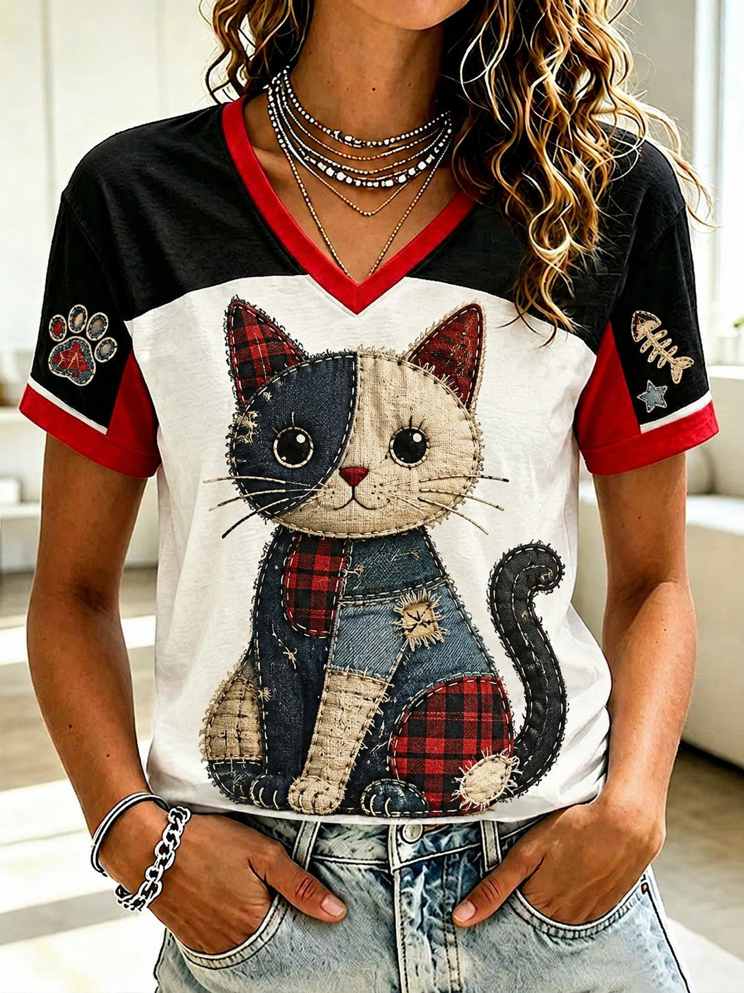 Damen-T-Shirt mit Katzenmotiv und V-Ausschnitt