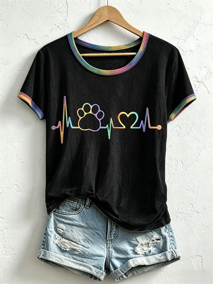 Damen-T-Shirt mit buntem Pfotenmuster