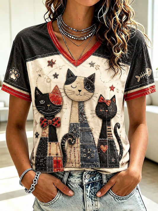 Damen-T-Shirt mit Katzenmotiv und V-Ausschnitt