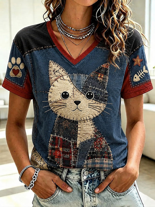 Damen-T-Shirt mit Katzenmotiv und V-Ausschnitt