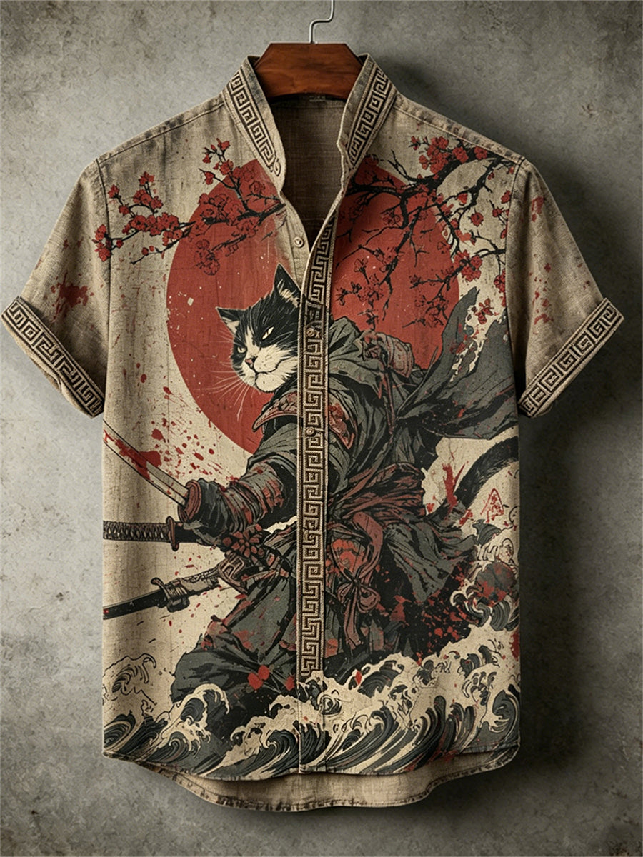 Herren-Shirt mit grausigem Katzen-Samurai-Sonnenaufgang-Japan-Art-Print