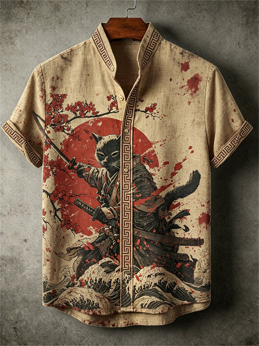 Herrenblutiges Katzen-Samurai-Meerwellen-Sonnenaufgang-Japan-Print-Hemd