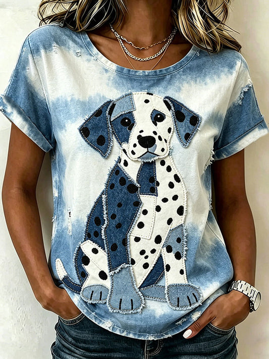 Frauen niedliches Tier Hund Kurzarm lässig T-Shirt