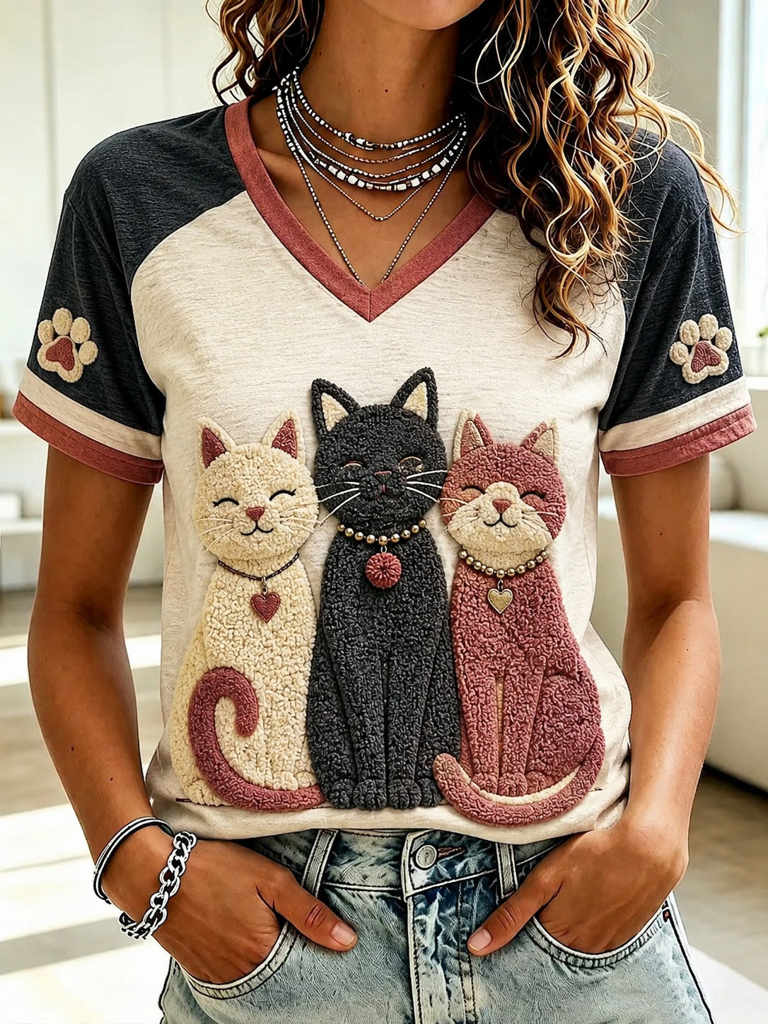 Damen-T-Shirt mit Katzenmotiv und V-Ausschnitt