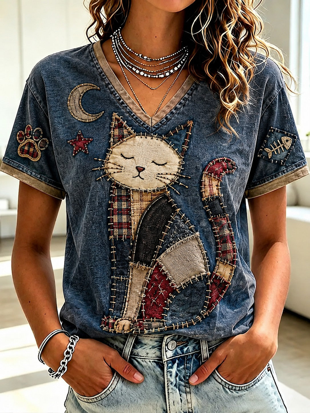 Damen-T-Shirt mit Katzenmotiv und V-Ausschnitt
