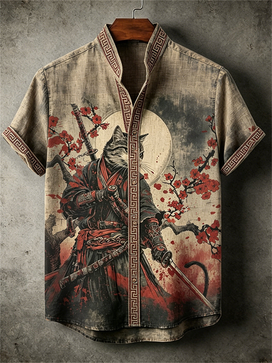 Herrenhemd mit Blutiger-Katze-Samurai-Pflaumenblüten-Vollmond-Print