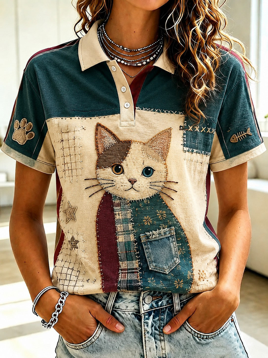 Bedrucktes Damen-Hemd mit Katzenmotiv