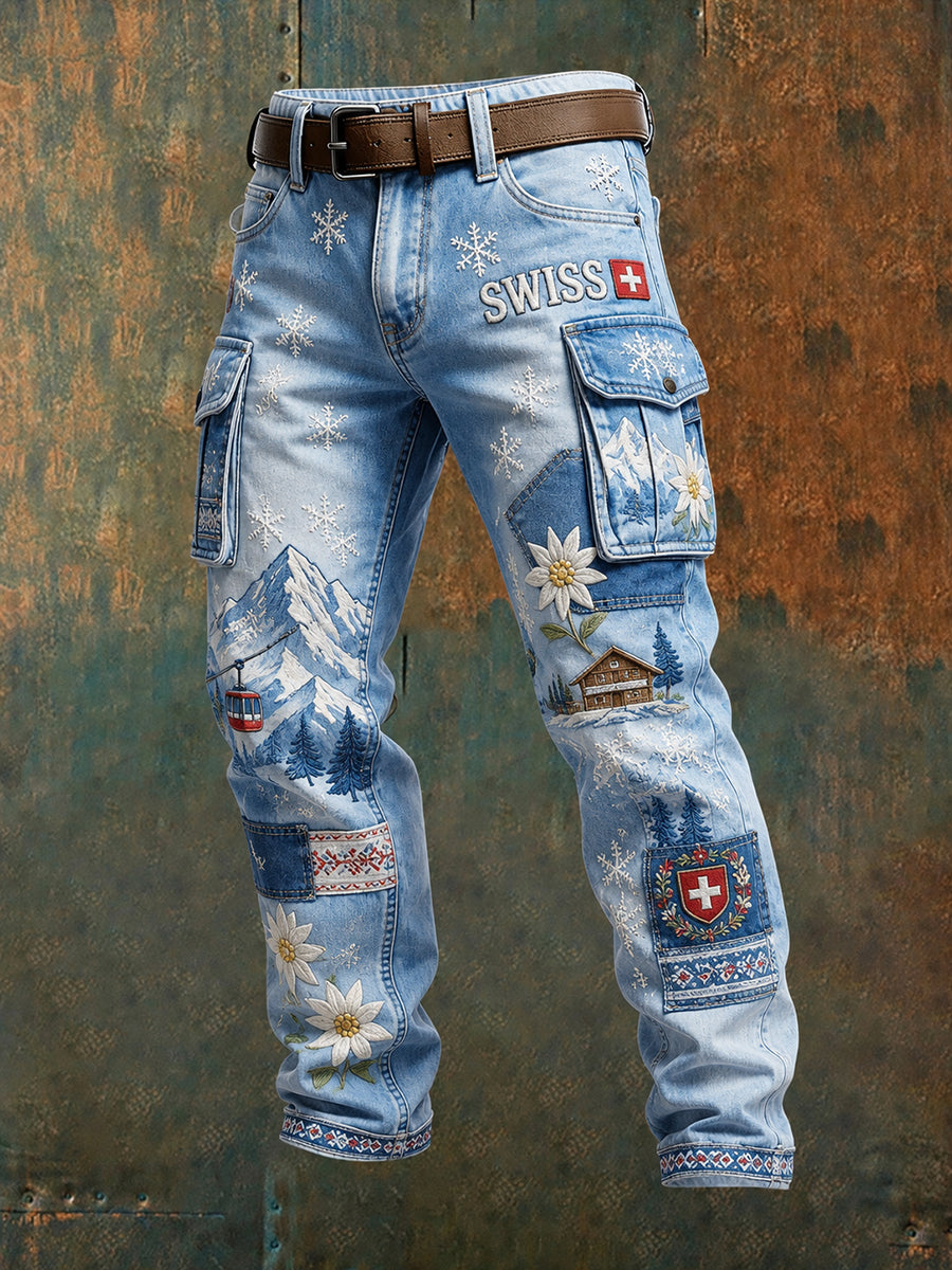 Herren-Flanellhose mit Blumen-Patchworkmuster für den Schneeberg