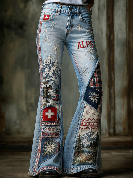 Damen-Schneberg-Floral-Patchwork-Print-Schlaghose