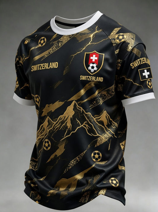 Retro-Fußball‑Casual‑Trikot im Schweizer Stil mit gesticktem Blumenmuster