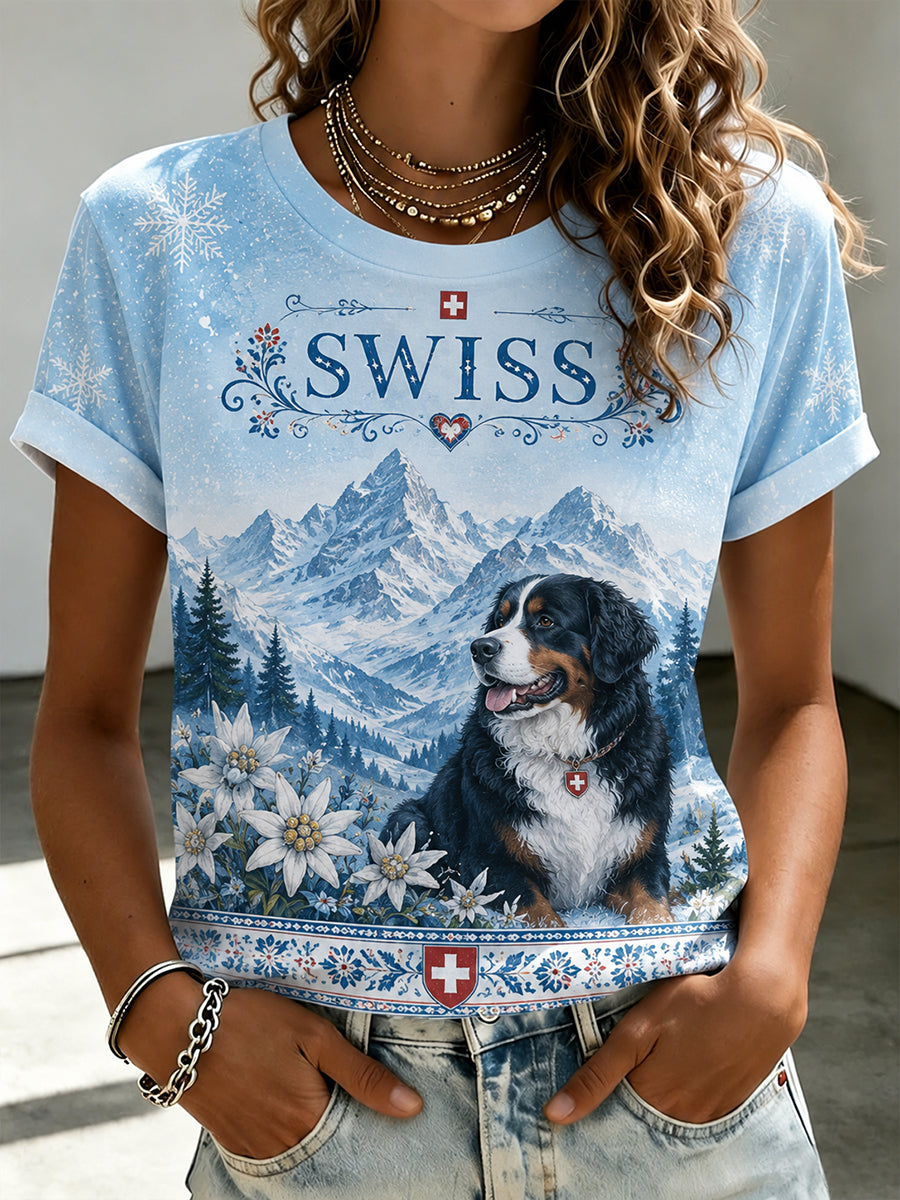 Damen-Snow-Mountain-T-Shirt mit Tiermuster und kurzen Ärmeln