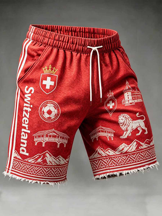 Herren-Freizeithose mit Schweizer Fußball-Print und kurzer Länge
