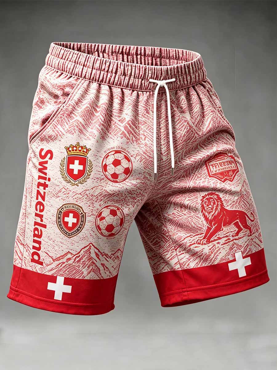 Herren-Freizeithose mit Schweizer Fußball-Print und kurzer Länge