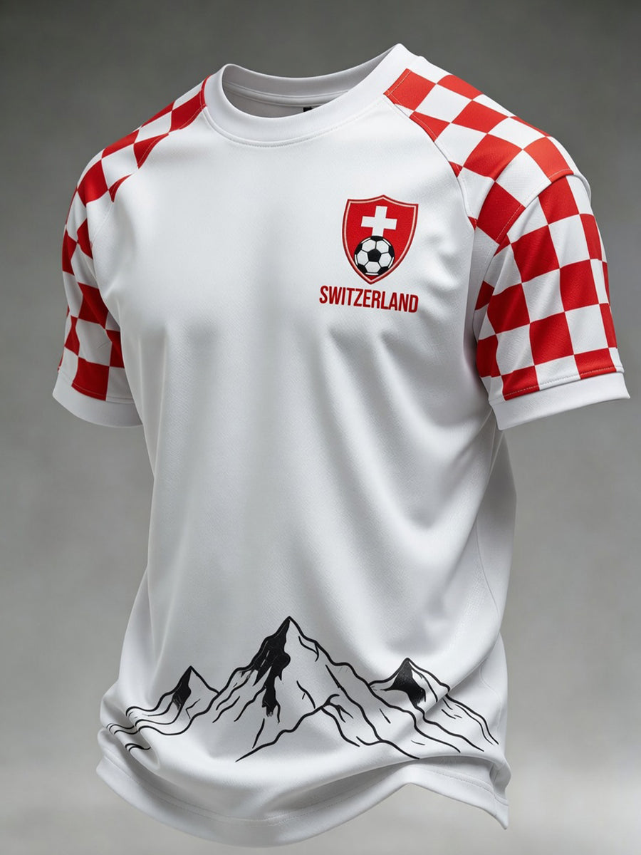 Retro-Fußball‑Casual‑Trikot im Schweizer Stil mit gesticktem Blumenmuster