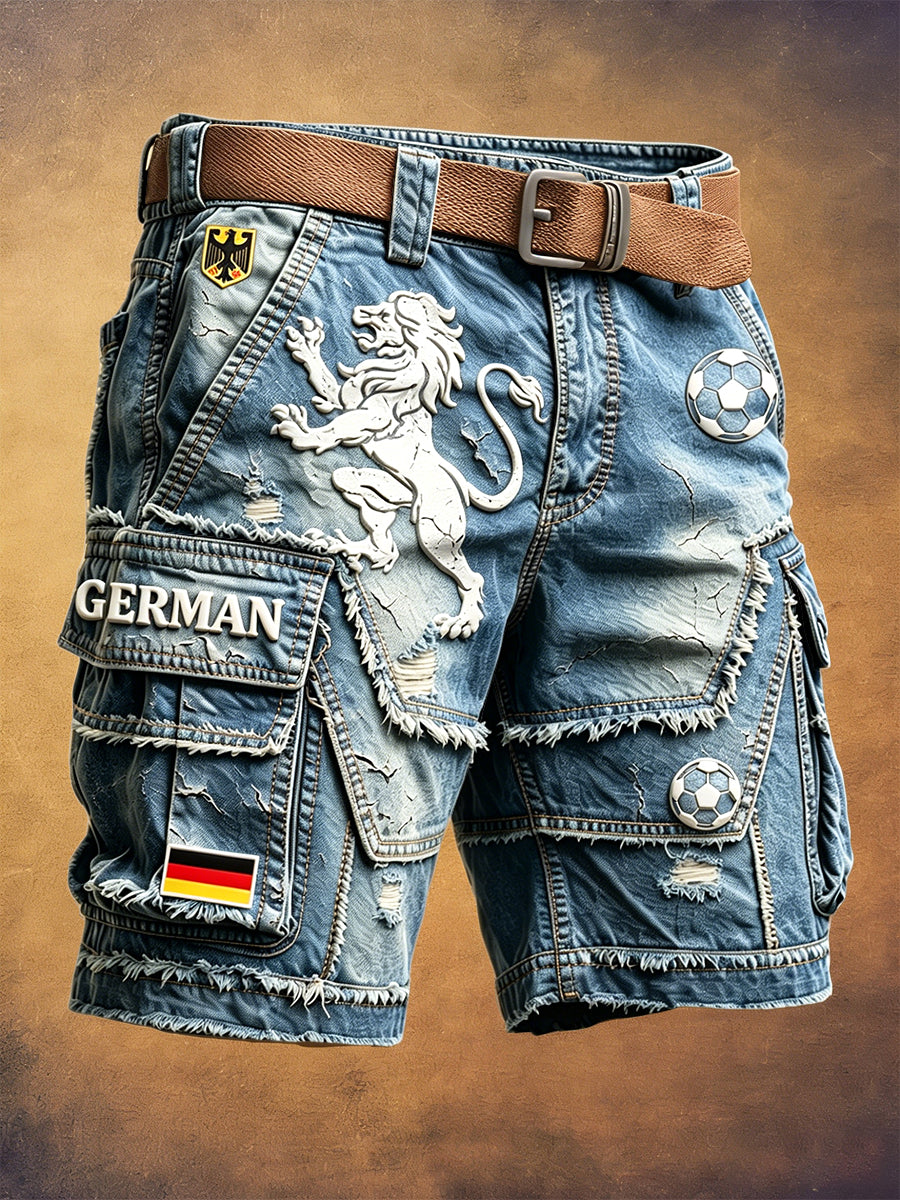 Fußball inspirierte Jeans-Patchwork-Druck für Männer im deutschen Stil, lässige Retro-Arbeits shorts