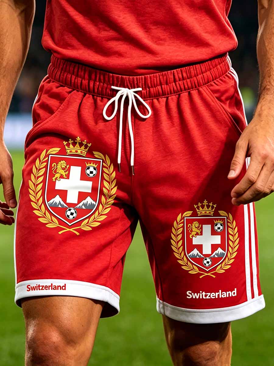 Herren-Freizeithose mit Schweizer Fußball-Print und kurzer Länge