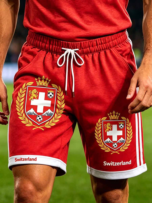 Herren-Freizeithose mit Schweizer Fußball-Print und kurzer Länge
