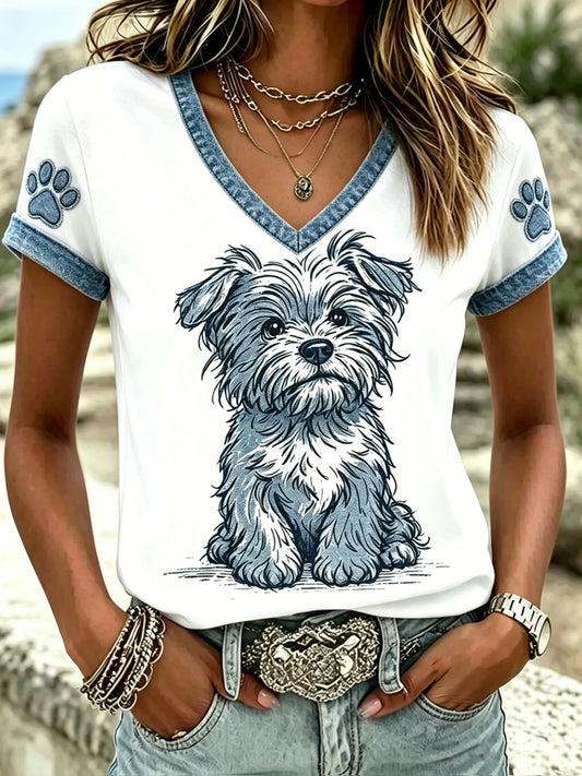 Damen-T-Shirt mit tierischem Hundemuster, im Vintage-Stil, modisch, locker geschnitten, mit kurzen Ärmeln