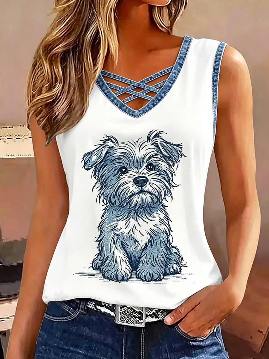 Damen-Retro-Tanktop mit Tier- und Hundedruck, ärmellos