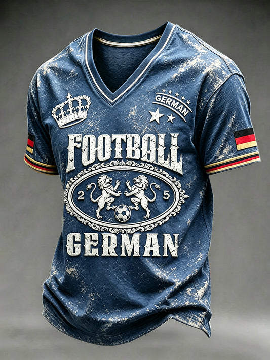 Herren Deep Blue Deutscher Fußball druck Lässiges T-Shirt mit V-Ausschnitt