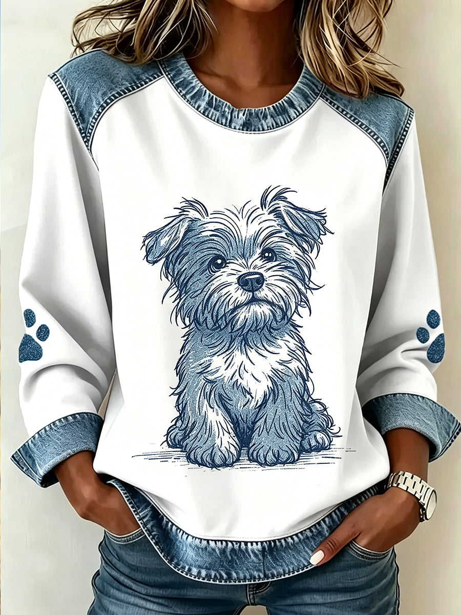 Damen-Sweatshirt mit Tier- und Hunde-Print im Patchwork-Stil und langen Ärmeln
