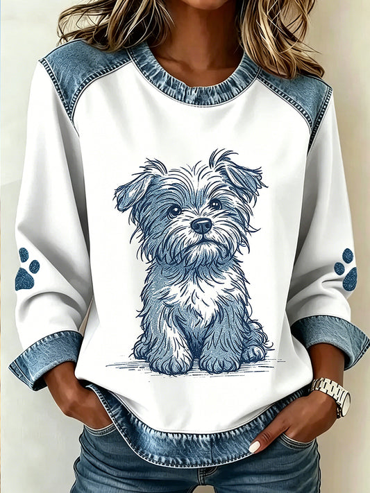 Damen-Sweatshirt mit Tier- und Hunde-Print im Patchwork-Stil und langen Ärmeln