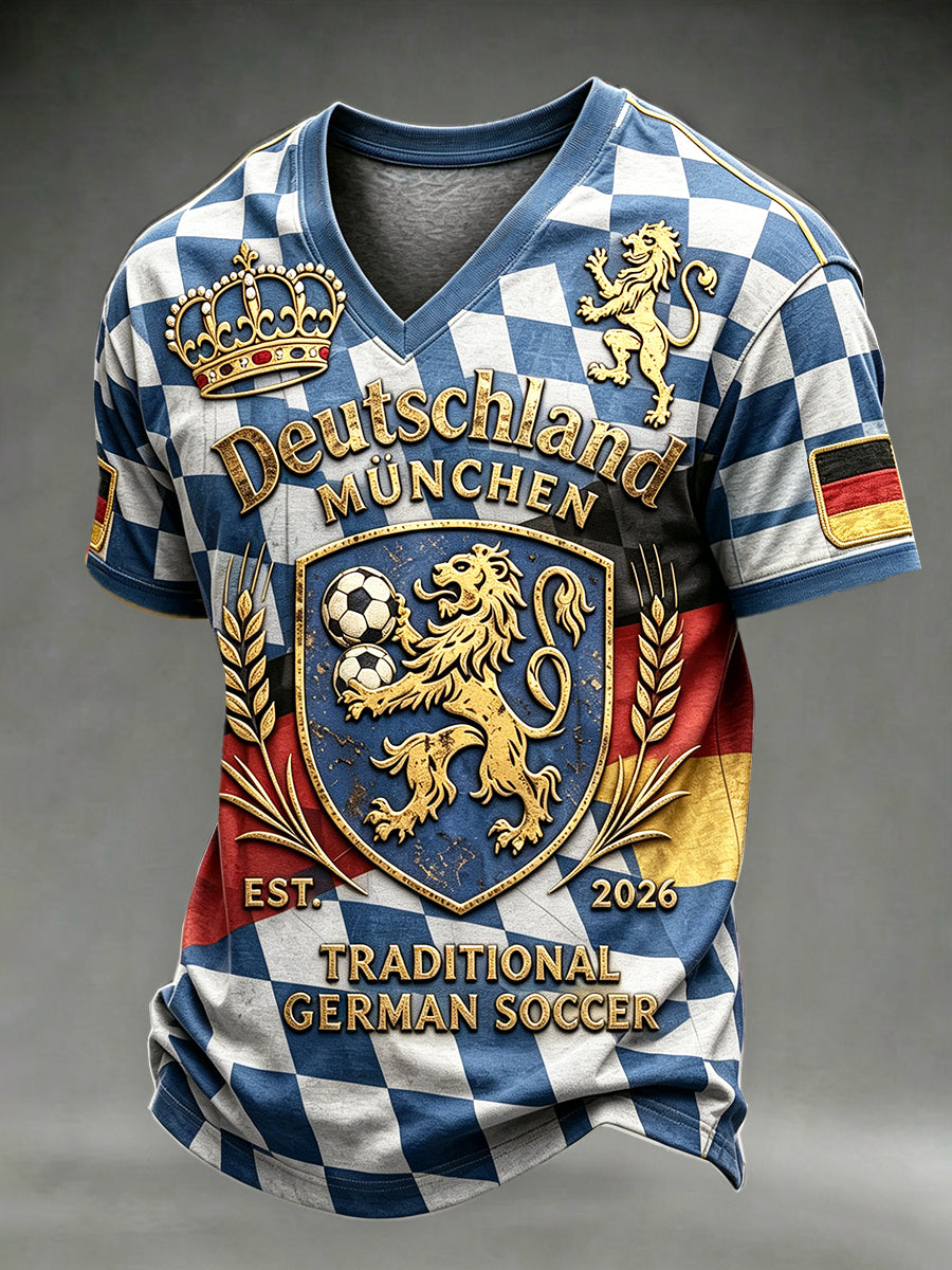 Herren-T-Shirt mit V-Ausschnitt, Retro-Check-Print