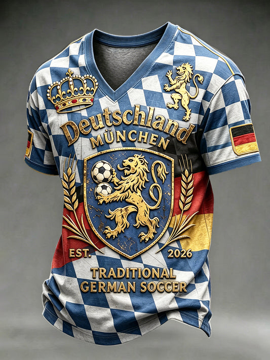 Herren-T-Shirt mit V-Ausschnitt, Retro-Check-Print
