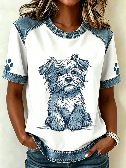 Damen-T-Shirt mit tierischem Hundemuster, im Vintage-Stil, modisch, locker geschnitten, mit kurzen Ärmeln