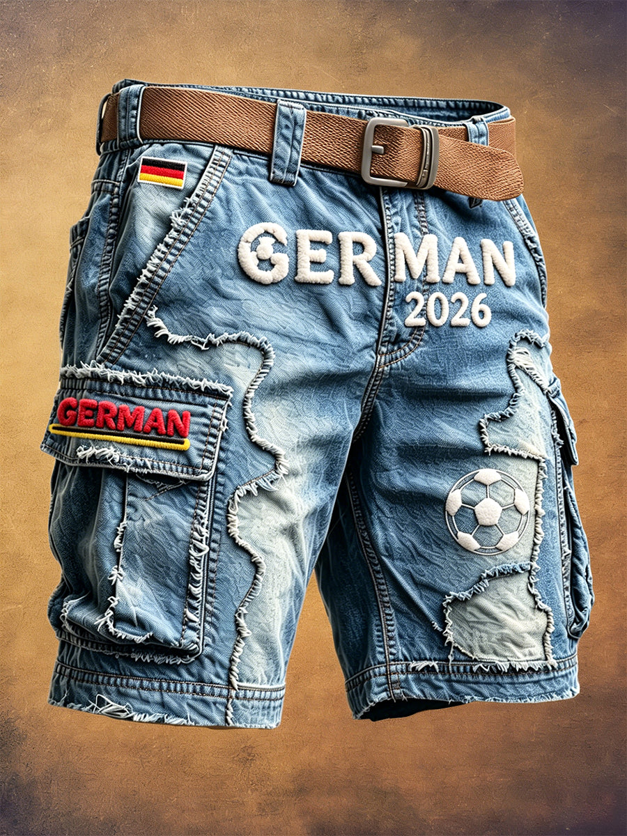 Herren 2026 vom deutschen Fußball inspirierte Freizeit-Arbeits shorts mit Denim-Print