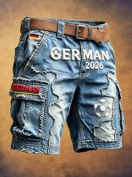Herren 2026 vom deutschen Fußball inspirierte Freizeit-Arbeits shorts mit Denim-Print