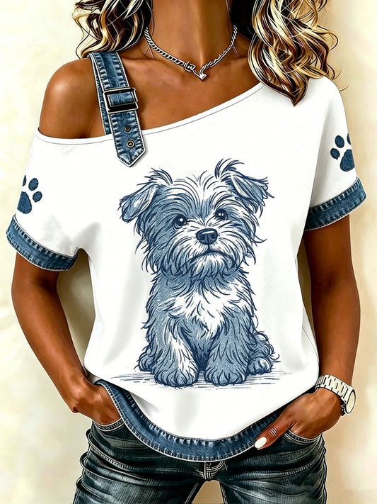 Damen-T-Shirt mit tierischem Hundemuster, im Vintage-Stil, modisch, locker geschnitten, mit kurzen Ärmeln