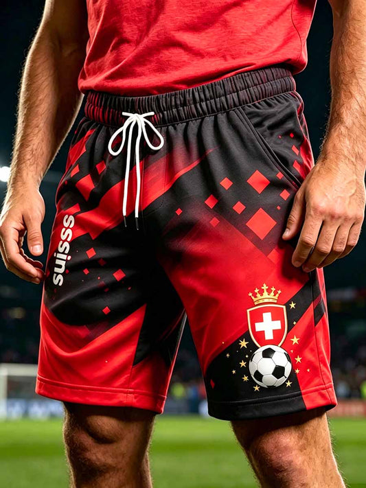 Herren-Freizeithose mit Schweizer Fußball-Print und kurzer Länge