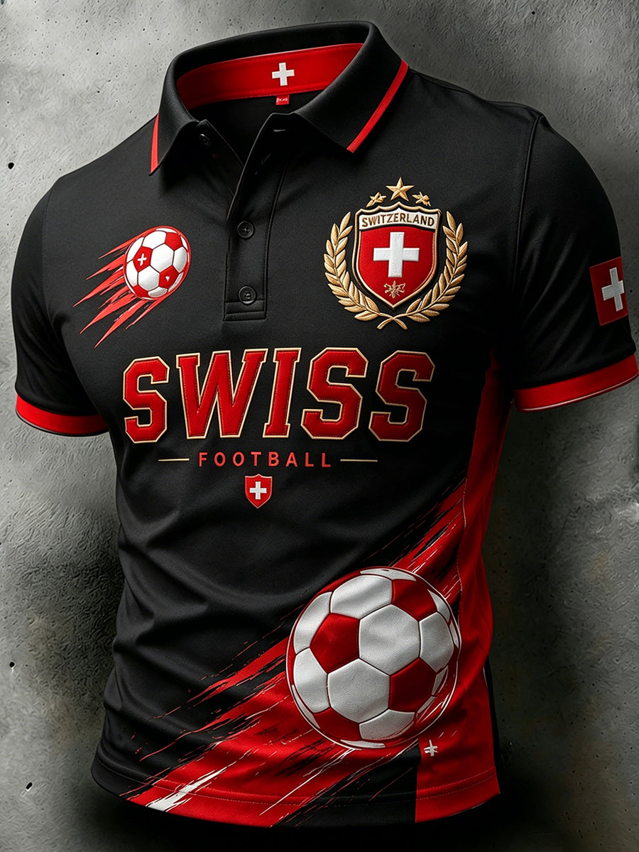 Herren-Poloshirt mit Retro-Fußball-Print und kurzen Ärmeln