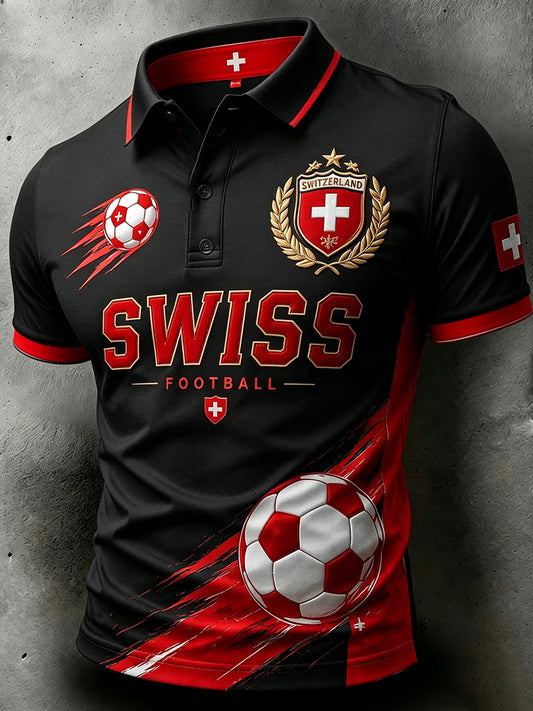 Herren-Poloshirt mit Retro-Fußball-Print und kurzen Ärmeln