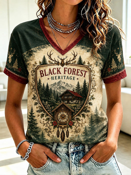 Damen-T-Shirt aus Deutschland im Schwarzwald-Stil mit V-Ausschnitt und Vintage-Print