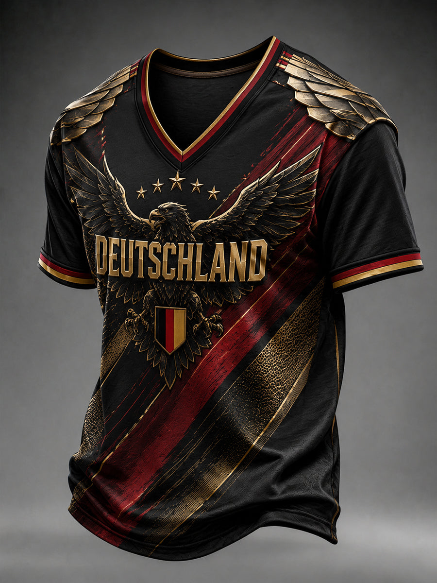 Herren-Fußballfan-T-Shirt aus Deutschland mit V-Ausschnitt und Print