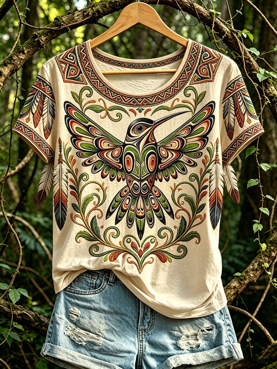 Damen-Lässiges T-Shirt mit nordamerikanischem indigenem Vogel-Totem-Design