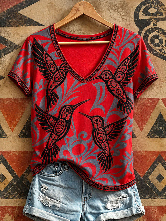 Indigene Kolibri-Kunst für Frauen V-Ausschnitt T-Shirts