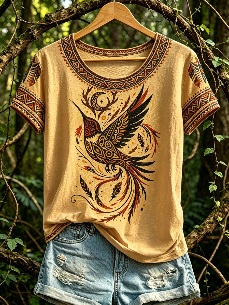 Damen-Lässiges T-Shirt mit nordamerikanischem indigenem Vogel-Totem-Design
