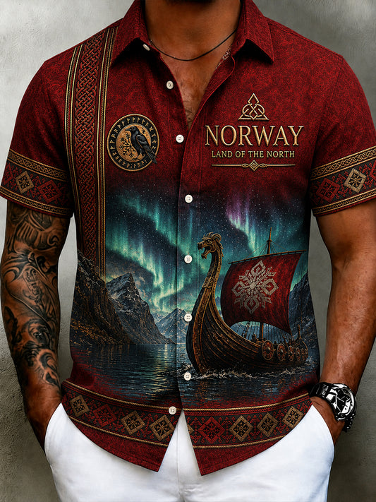 Herren Retro Nordic-Style Freizeit hemd mit norwegischem Kunstdruck