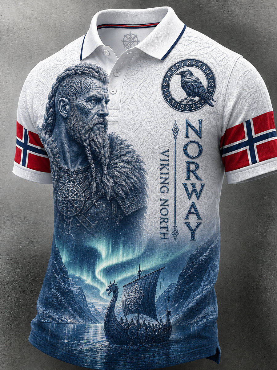 Herren-Poloshirt im Retro-Nordic-Stil mit norwegischem Kunstdruck