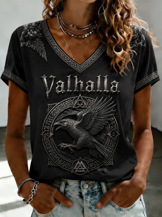 Valhalla Damen-T-Shirt mit V-Ausschnitt und Print