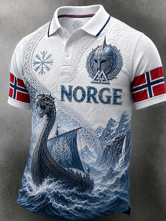 Herren-Poloshirt im Retro-Nordic-Stil mit norwegischem Kunstdruck