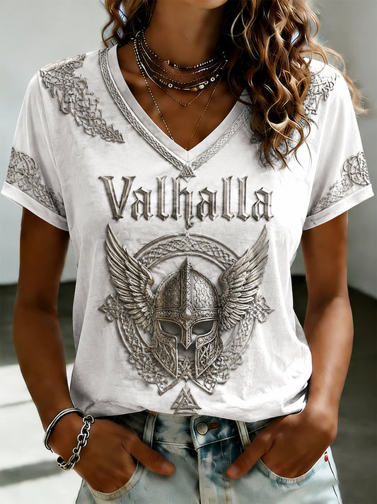Valhalla Damen-T-Shirt mit V-Ausschnitt und Print