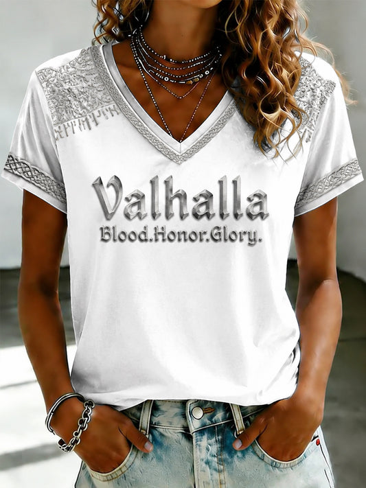Bedrucktes T-Shirt mit V-Ausschnitt für Damen Val halla