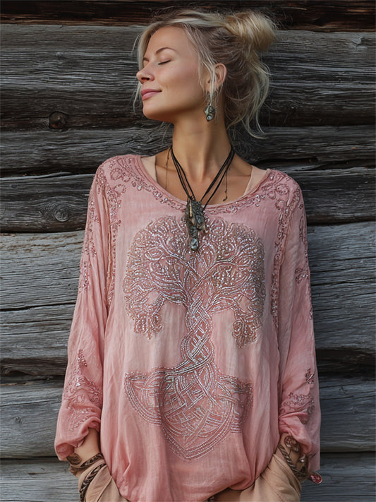 Damen-Weinachts-Shirt aus bequemer Baumwolle-Leinen-Mischung mit Glitzer‑ und Lebensbaum‑Print