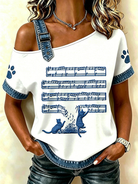 Damen-Animal-Music-Katzenprint Vintage-Mode lockeres Kurzarm-T-Shirt