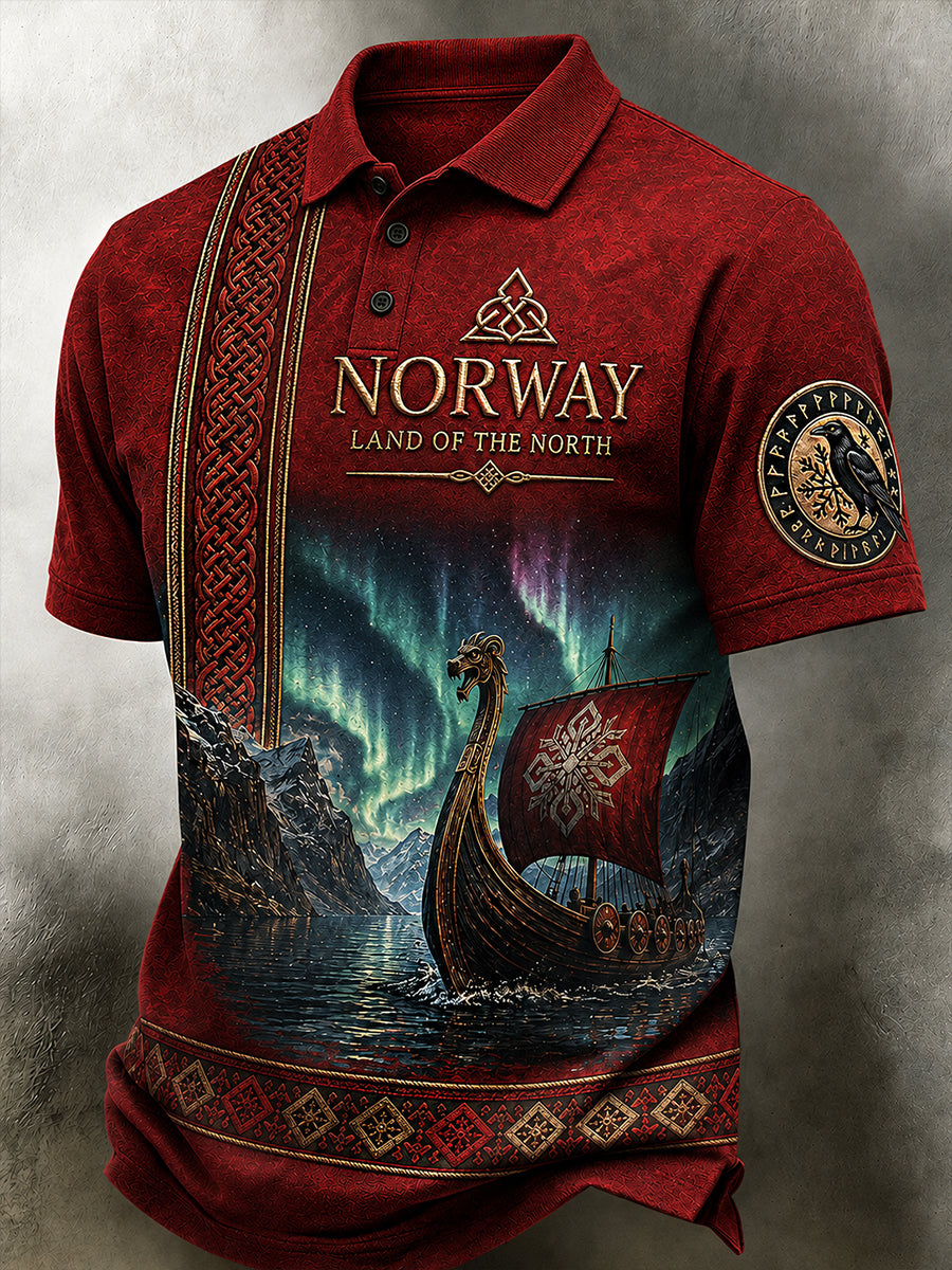 Herren-Poloshirt im Retro-Nordic-Stil mit norwegischem Kunstdruck